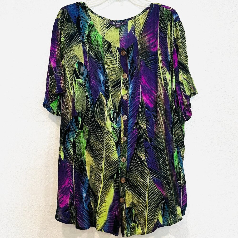 Roaman's Button Front Tunic Top MultiColor Leaf Short Sleeves EUC Plus Size 14W